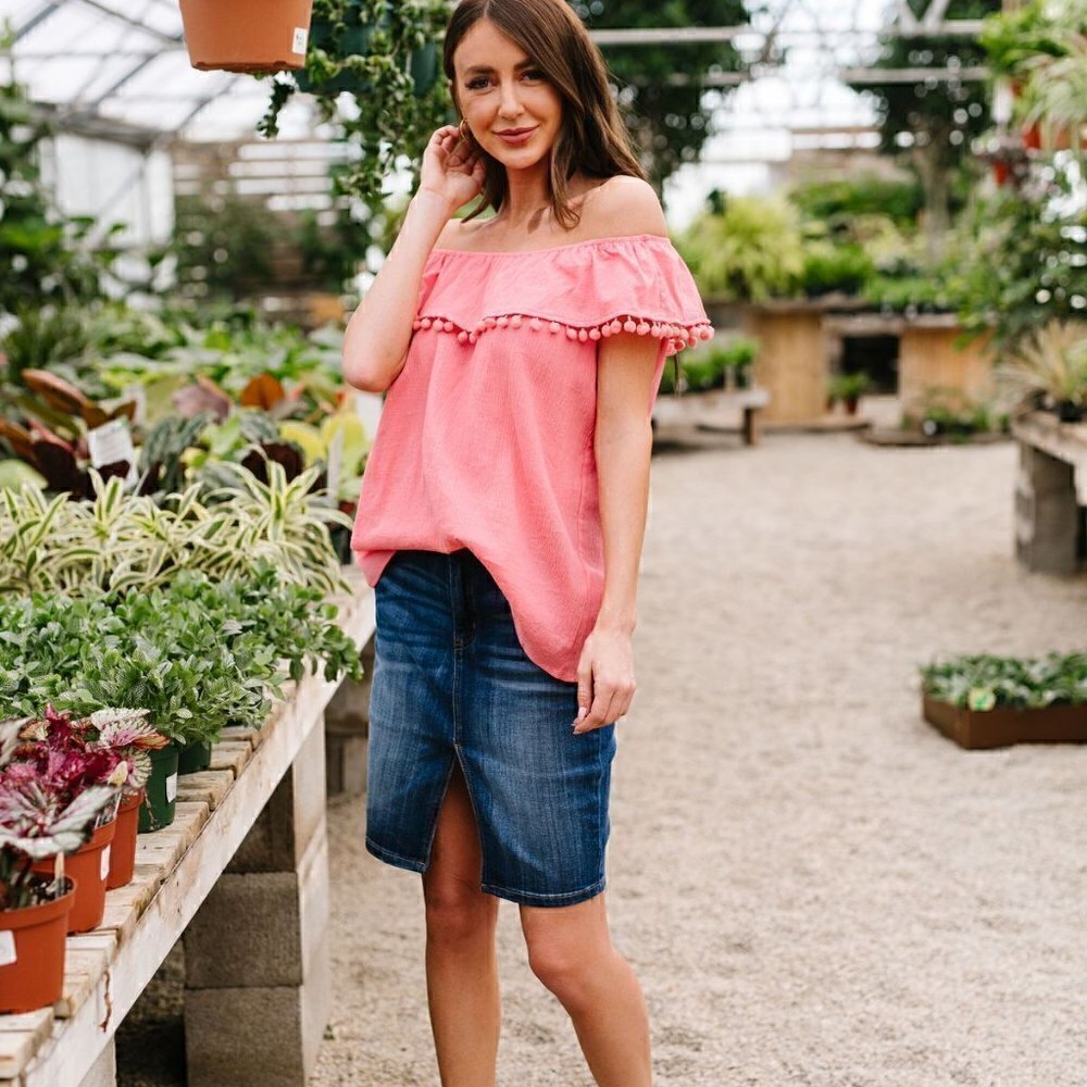 Kori America Pink Off Shoulder Top w/ Pom Detail - Picture 4 of 4